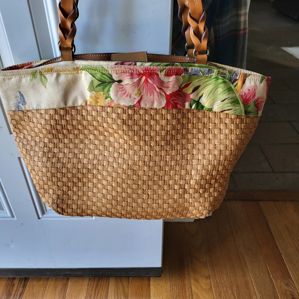 Fossil Tan and Floral Woven Tote